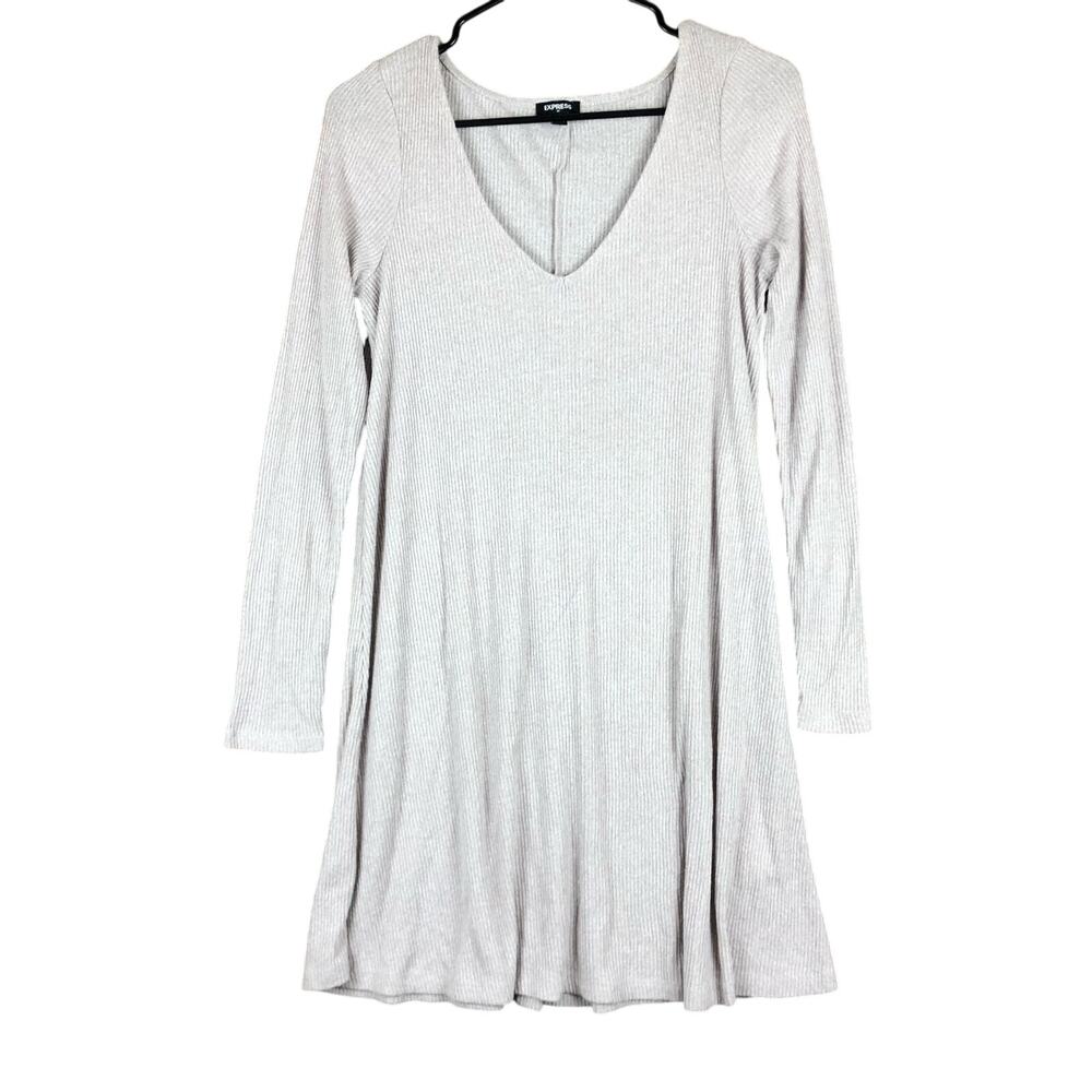 Express Womens Dress Tan V Neck Long Sleeve Ribbed Knitted Stretch Medium